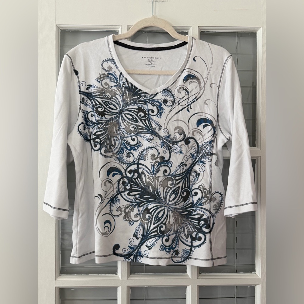 Karen Scott Women’s PXL White Floral Paisley 3/4 Sleeve Top | SKU 0448